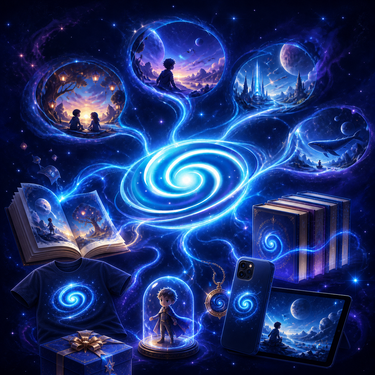 A luminous galaxy expanding into books, story worlds, keepsakes, a custom T-shirt, a phone case, characters, and a digital experience