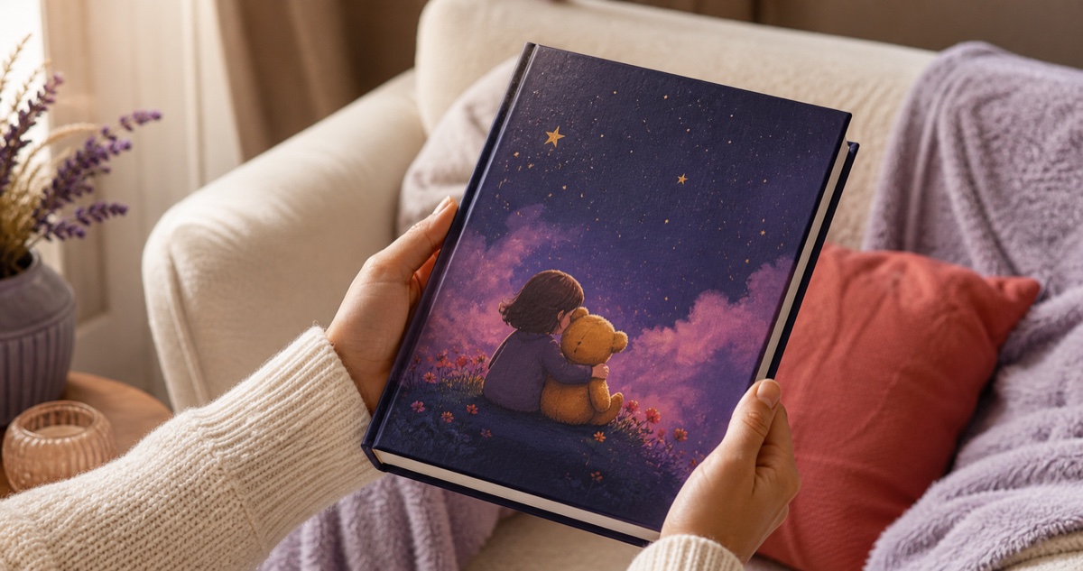 A finished premium hardcover storybook held in a warm reading space