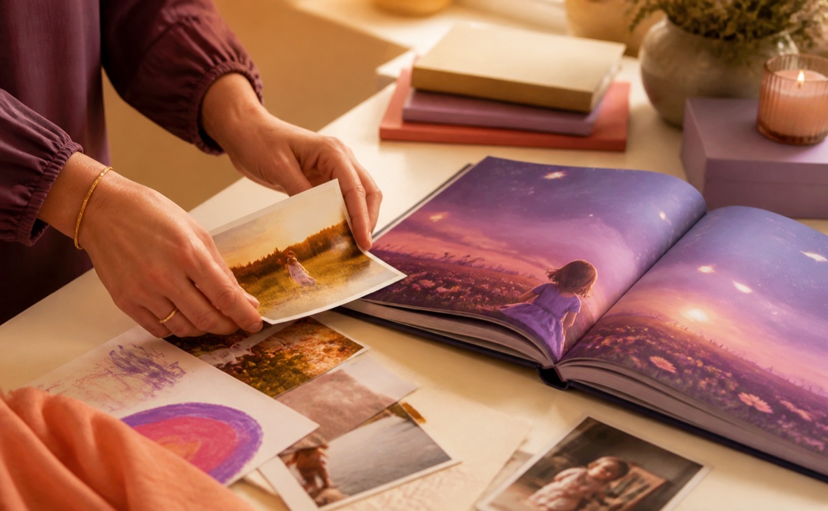 Personal photographs and drawings being shaped into an illustrated story
